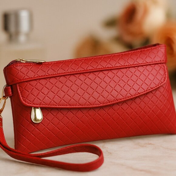 Handbags - Red Quilted Vegan Leather Wristlet Wallet Purse w/Gold Zippers